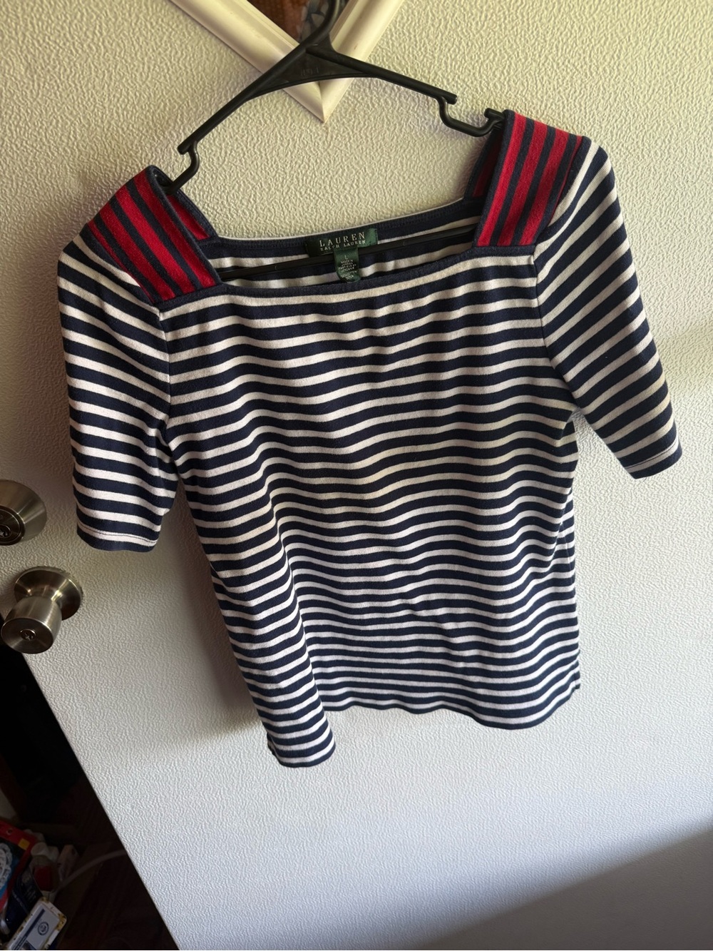 Ralph Lauren Navy & White Striped Short-Sleeve Top with Red Shoulder Panels